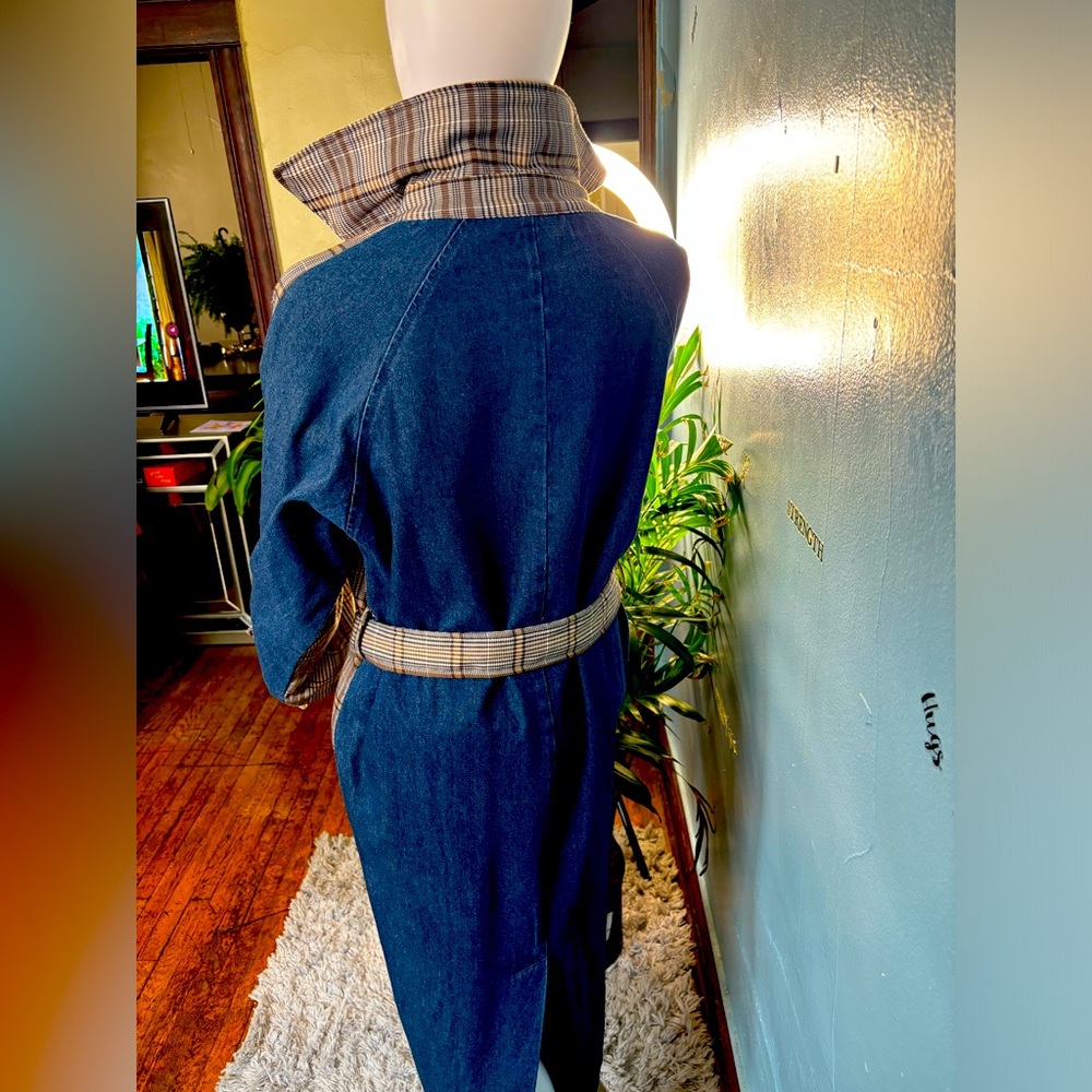Brown plaid blue jean trench coat